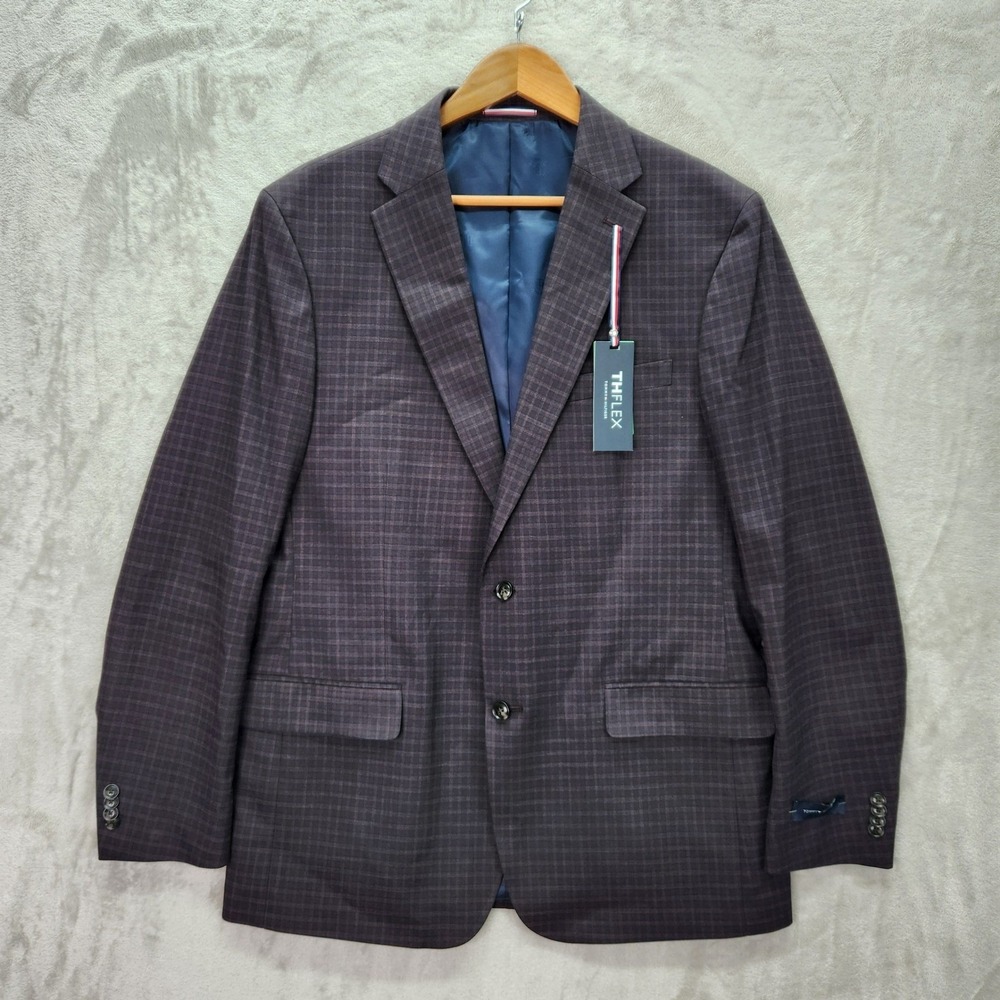Tommy Hilfiger Conrad Sport Coat Mens 44L 44 Long Purple Plaid TH Flex $295 New